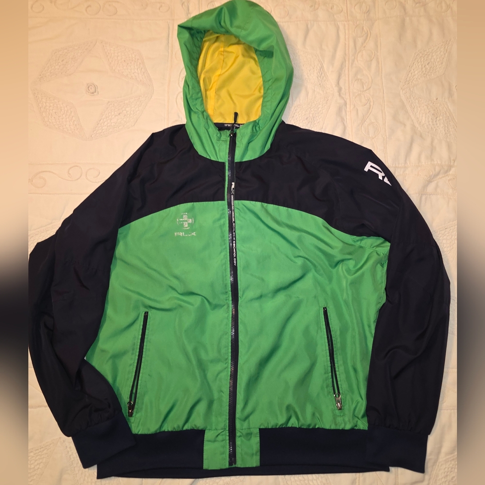 RLX Ralph Lauren Jacket Mens XL Green Black Hooded Windbreaker Full Zip Athletic